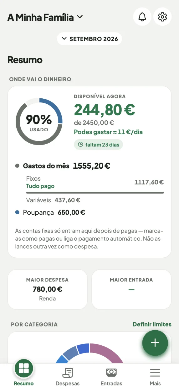 O Resumo da Mayora num telemóvel, com o disponível do mês, os gastos e as contas a pagar.